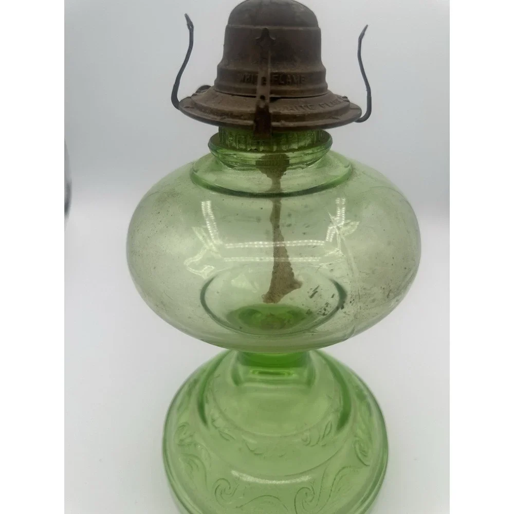 Antique Uranium Glass Depression Glass Oil Lamp W/Wedding Scroll Pattern 20